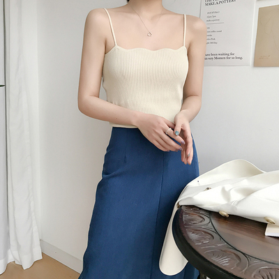 Solid color knitted Camisole women's spring new Korean version short fit show thin inside with bottom coat