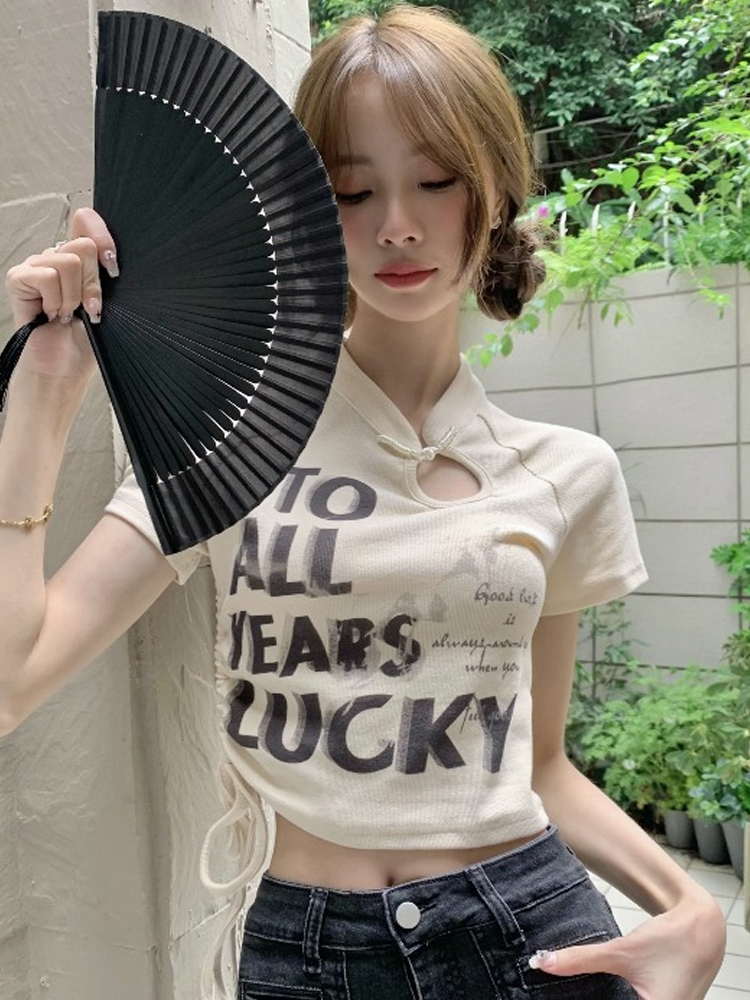 Hot girl short-sleeved T-shirt women's summer Chinese style niche design stand-up collar irregular high-waisted short top ins trend