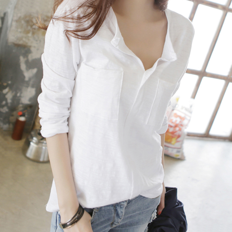 Autumn Korean version slub cotton long-sleeved shirt women's collar large size loose t-shirt cotton bottoming shirt top trendy