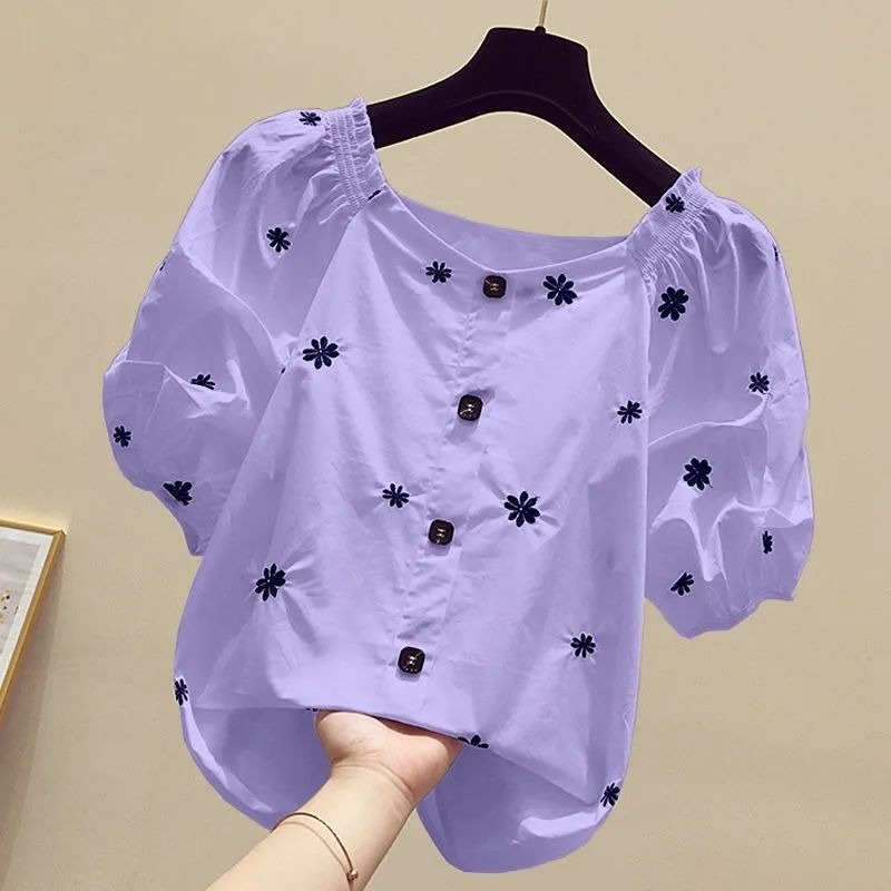 Chiffon shirt women's short sleeve 2022 Korean version summer foreign style beware of machine exposed clavicle small shirt covering belly one-line collar top