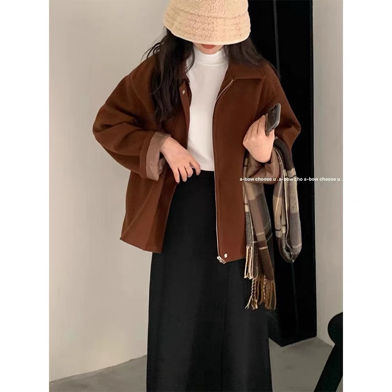 Retro Polo Lapel cashmere sweater short coat autumn winter women 2021 new loose small leisure jacket