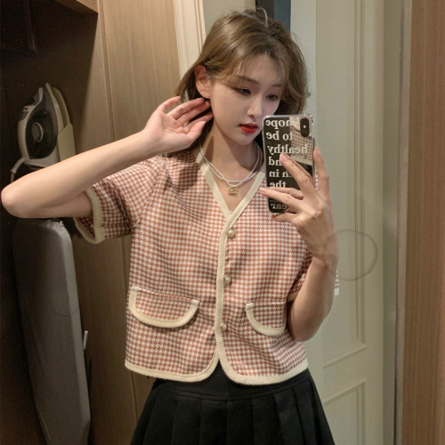 Real shot real price Xiaoxiang wind houndstooth shirt jacket short-sleeved top women