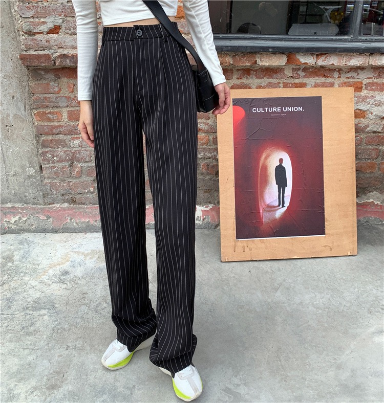 Spring new Korean western material high waist loose floor wide leg pants straight tube striped suit pants women