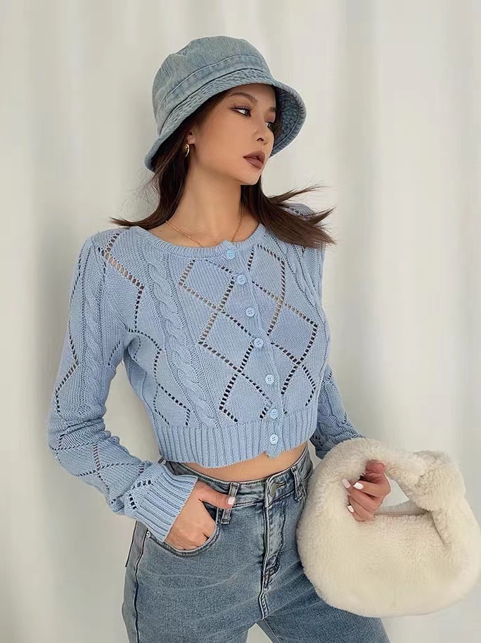 American retro slim high waist round neck long sleeve sweater small cardigan sexy navel knitted top women autumn 2022