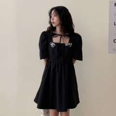 實拍  鬼馬復古旗袍改良 珍珠蝴蝶結裝飾 少女綁帶公主連衣裙