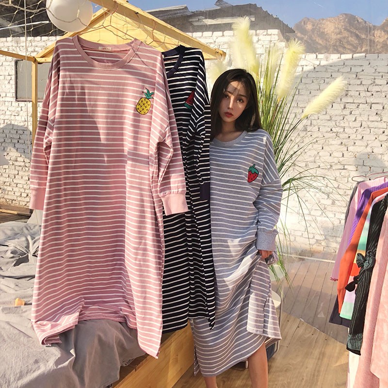 Spring and autumn knee length Nightgown striped fruit Korean fresh super long size loose student 200kg