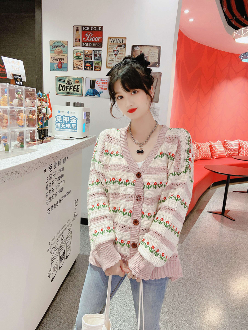 Korean Style Lace charming stripe small flower fashion autumn wool knitted cardigan top woman