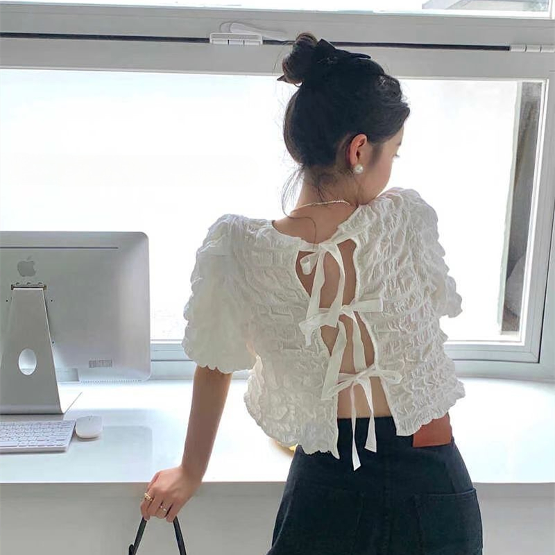 2022 summer new aging French back strap textured Shirt Short top