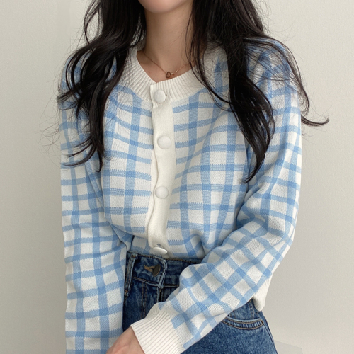 Plaid cardigan sweater women's autumn and winter new Korean color Plaid short round neck sweater coat