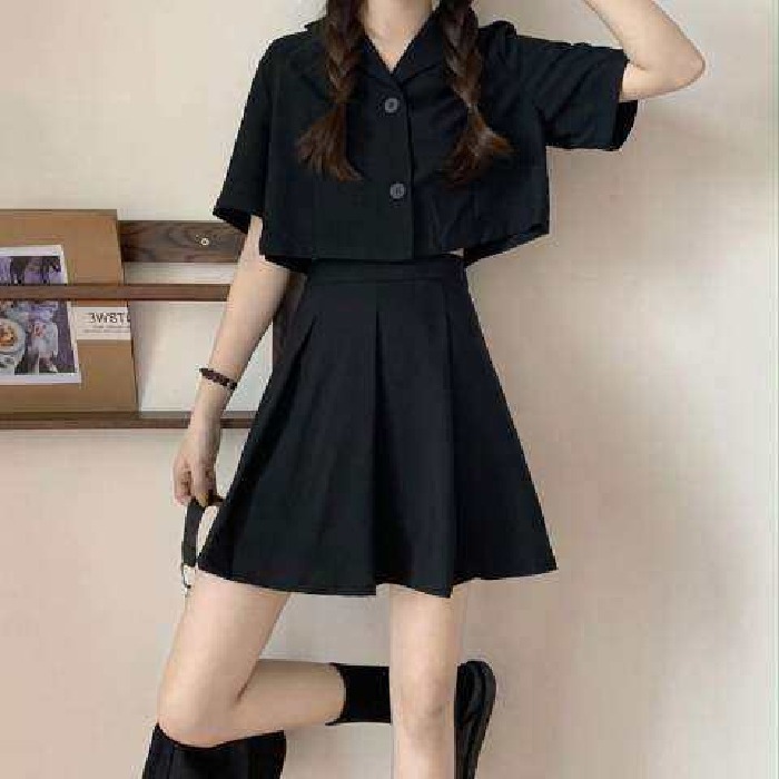 College style high waist pleated skirt anti light A-line skirt + black short breasted suit collar shirt top