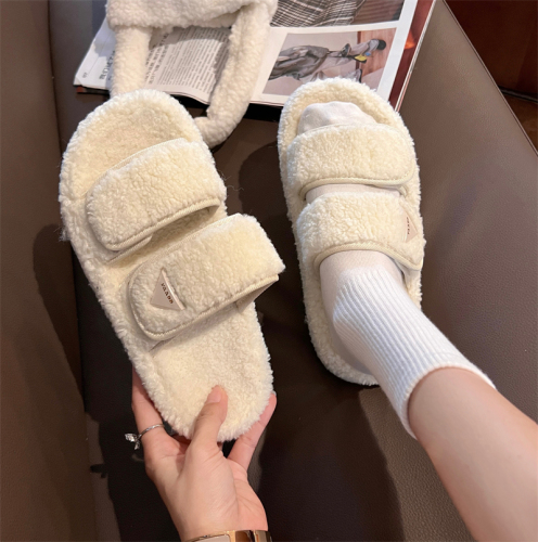 Real shot specials without reducing lamb wool slippers women's fashion one word flat slippers Korean version of simple women's shoes