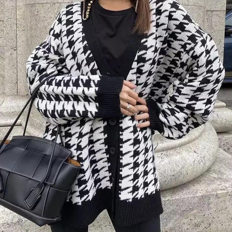 2021 sweater women's loose V-neck bird check long sleeve knitted cardigan coat contrast color