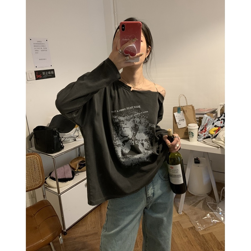 Official photo stretch cotton rock high street American graffiti chain sloped shoulder T-shirt