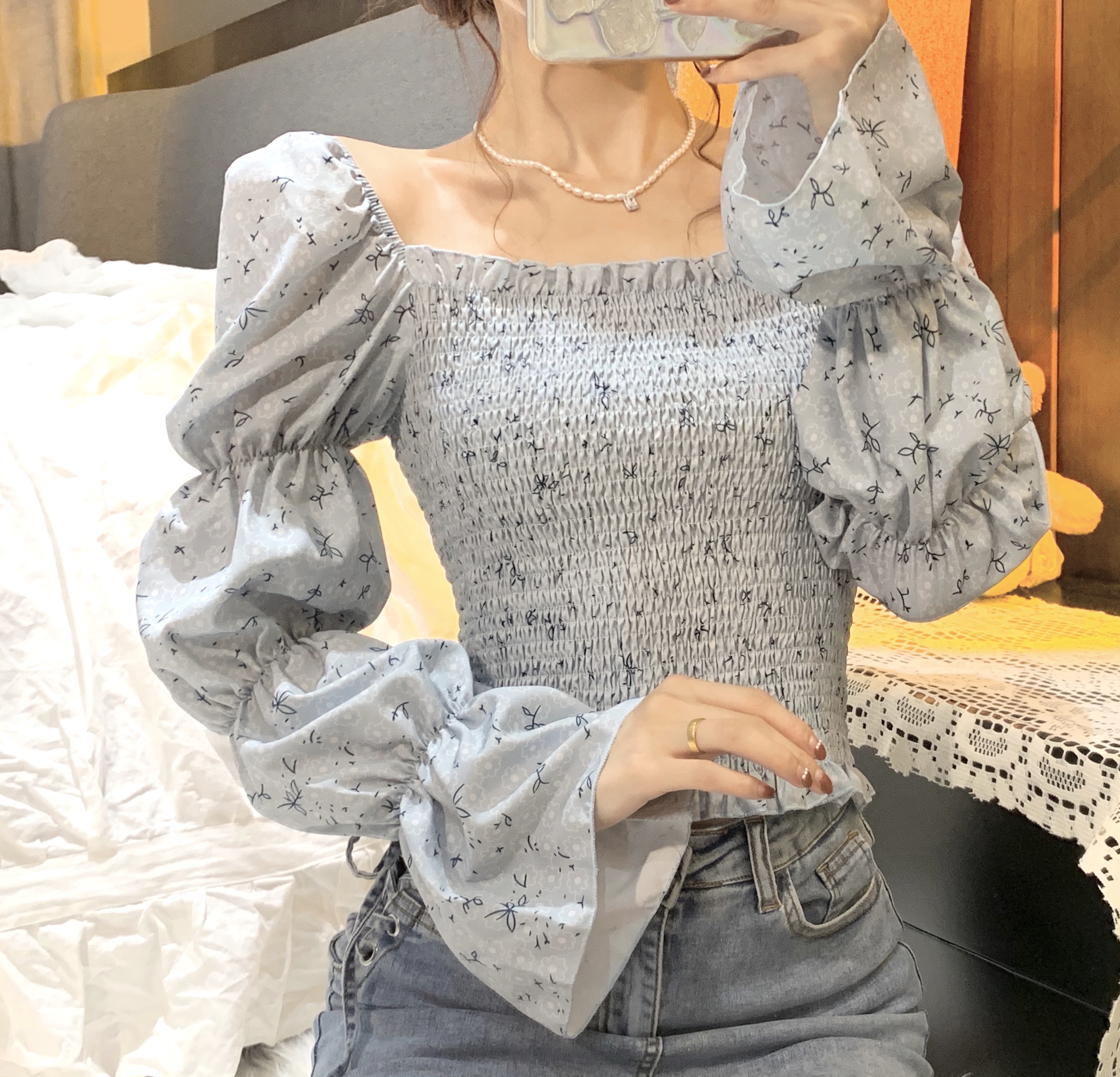 Real Korean design short floral foam Sleeve Chiffon Shirt Top