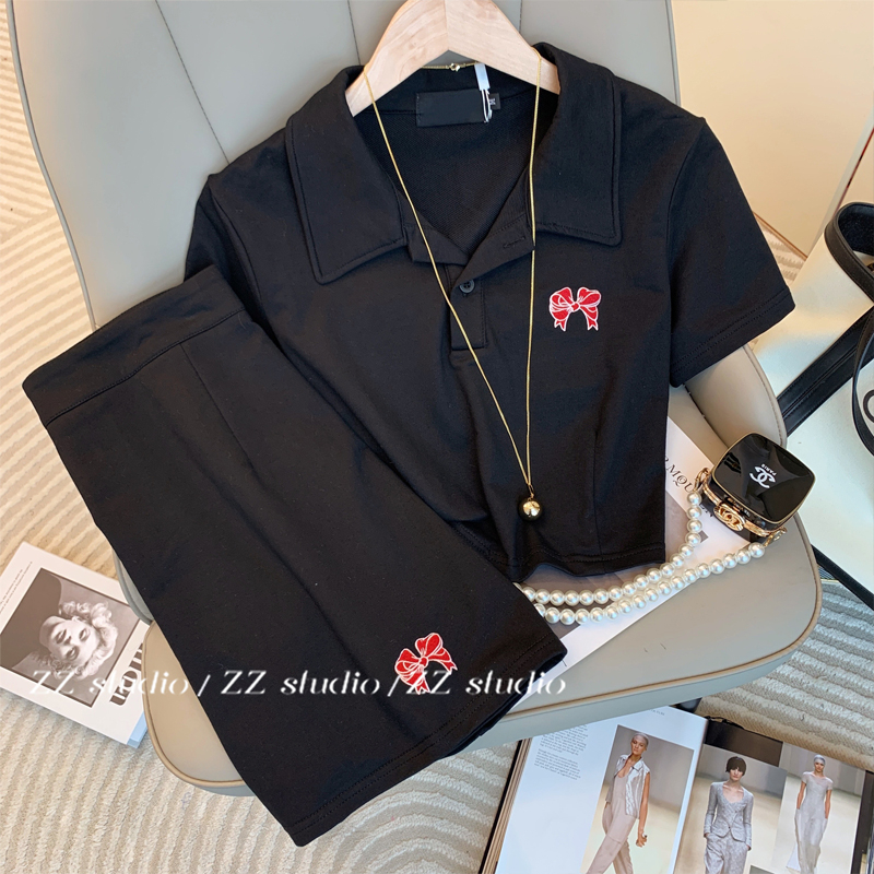 Cotton-like casual fashion suit women's summer polo collar short top skirt two-piece set