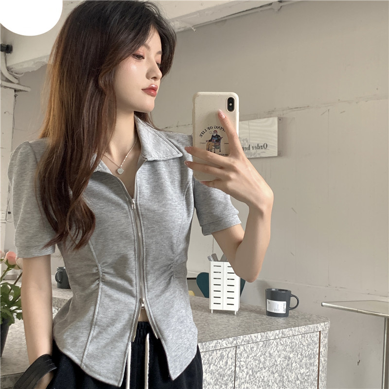 Large size irregular slim-fitting short-sleeved top with stylish lapel