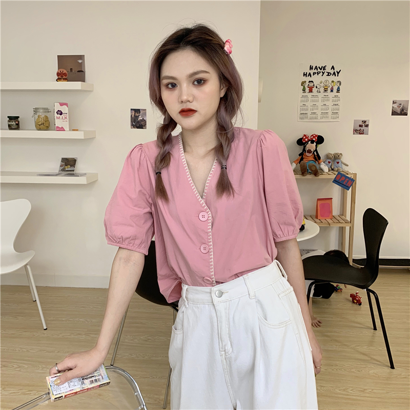 Real photo real price 2020 new heavy industry color contrast trim V-neck bubble sleeve short sleeve shirt