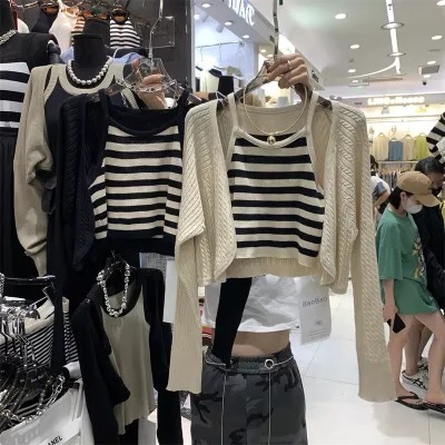 Design sense niche striped short knitted camisole + knitted sweater cardigan two-piece set