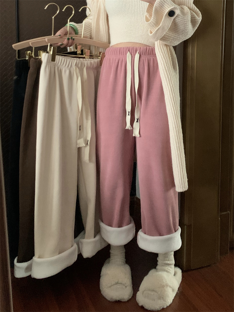 Real price autumn and winter plus velvet thickening loose and thin elastic waist drawstring drape casual wide-leg pants straight mopping the floor