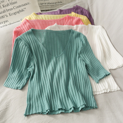 Simple and versatile candy color low collar collarbone short T-shirt women 2020 new slim vertical stripe T-shirt spring