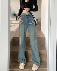Actual shot and real price ~ New style high-waisted versatile design washed frayed straight denim wide-leg pants
