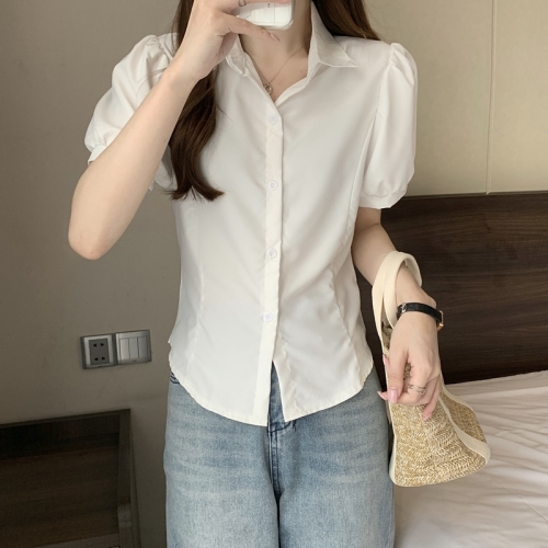 Actual shooting of new bubble sleeves in summer  chic white shirt women's short slim fit versatile sweet and spicy blouse women