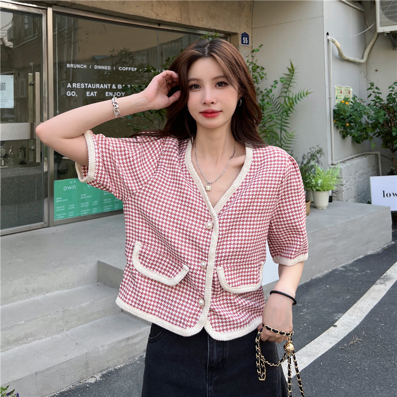 Small fragrant wind shirt coat thousand bird check V-neck short foreign style short sleeve cardigan top