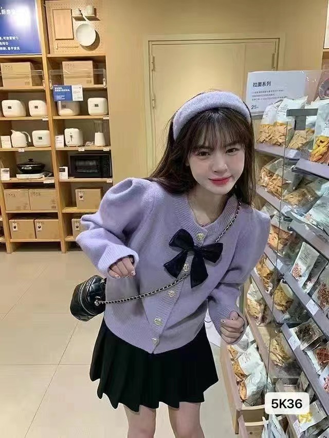 2022 new Japanese style sweet taro purple bow knitted cardigan autumn and winter new small fragrant wind sweater jacket women