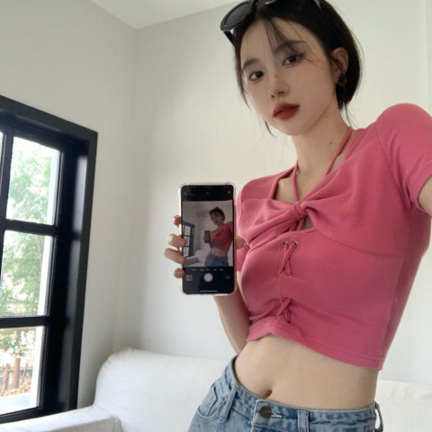 Pure desire and careful machine summer short T-shirt self-cultivation hot girl bow short-sleeved front shoulder sweet and spicy CHIC top