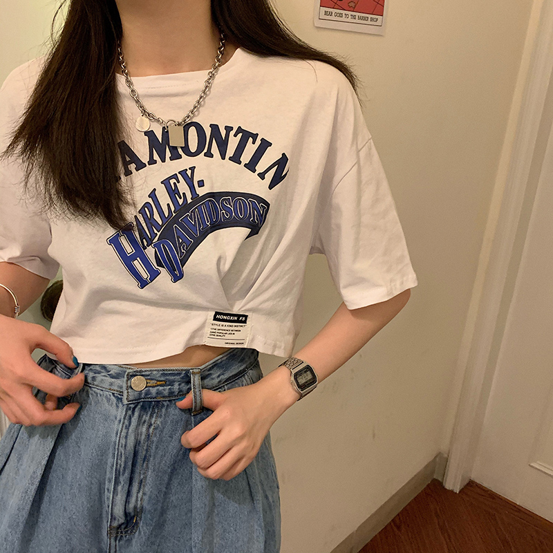 6535 cotton summer loose round neck top new short-sleeved t-shirt female short print