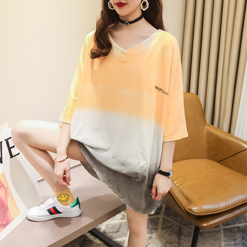 Real shot~milk silk 2023 spring and summer new super fire gradient color round neck mid-length short-sleeved T-shirt for women
