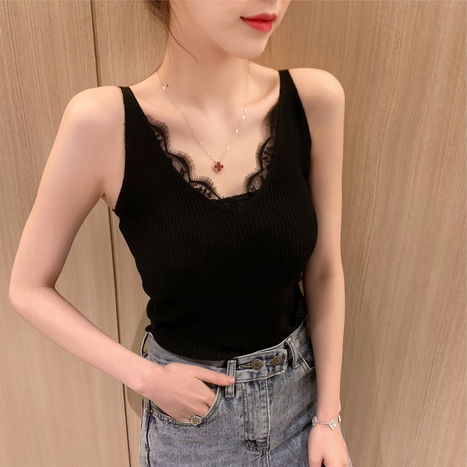 White lace splicing suspender sexy ice silk vest women's early spring new Korean bottoming versatile top