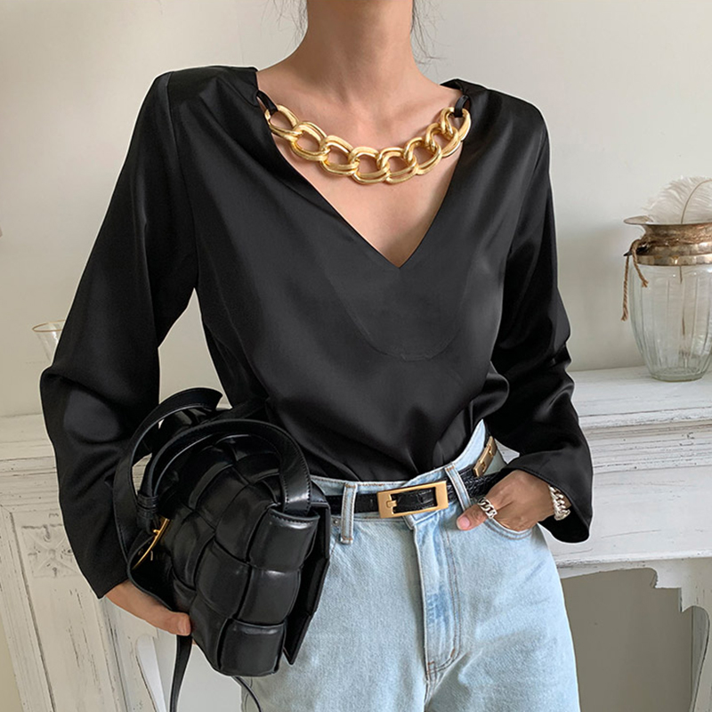 Korean chic minority temperament V-neck metal chain decoration slim and versatile long sleeve front and back Shirt Top