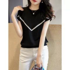 Thin ice silk short-sleeved tops for women in summer, contrasting colors, loose and slim, versatile bottoming sweaters, T-shirts, core-spun yarn