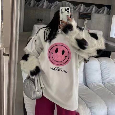 Pure cotton 2023 single product danpin pink smiling face loose mid-length printed short-sleeved T-shirt 030
