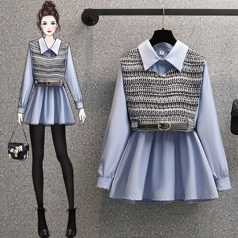 Actual shooting of 2022 spring new large women's dress slightly fat sister age reduction foreign temperament meat covering vest shirt two-piece set