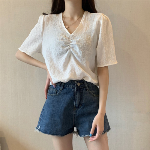 Real photo real price new pleated loose V-neck versatile T-shirt base