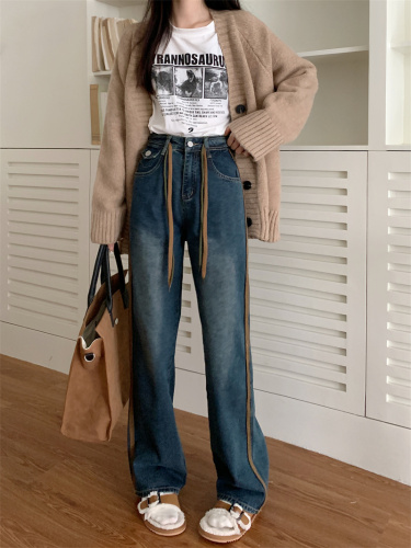 Real shot of the new all-match loose yuppie drawstring design straight-leg jeans