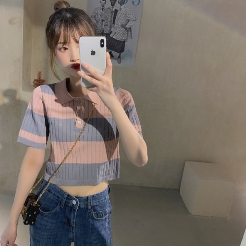 Summer 2022 new Korean color contrast stripe thin short sleeve sweater women's short thin foreign style BM top