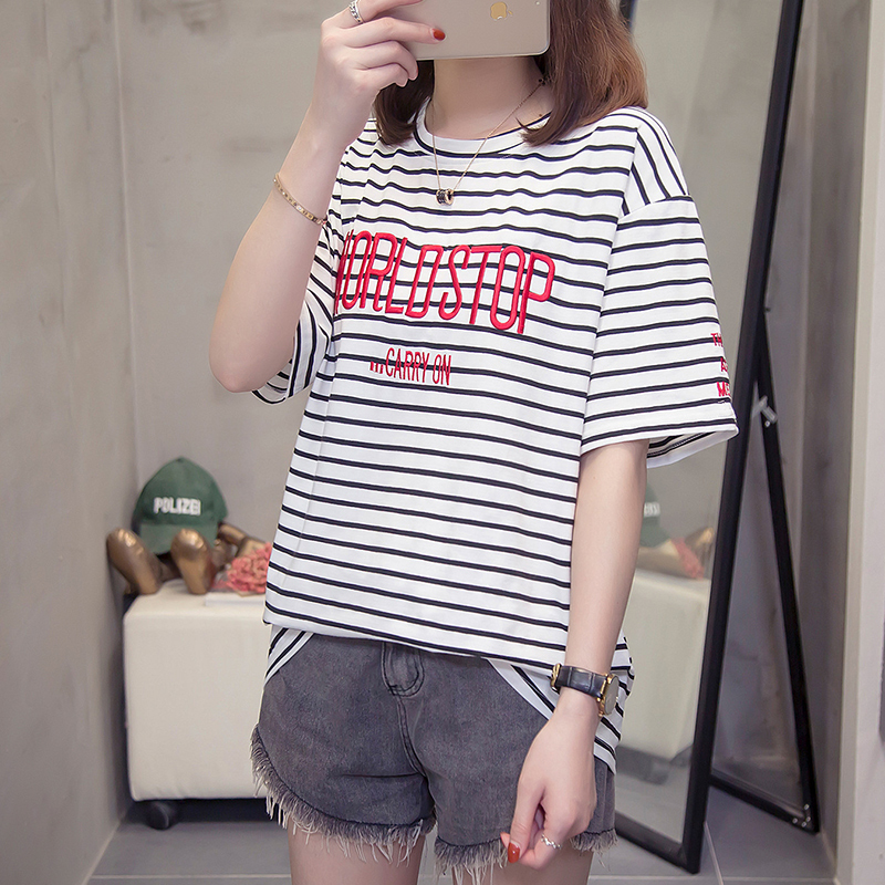 2022 summer new belly covering large women's wear fat mm stripe embroidery letters versatile short sleeve T-shirt women
