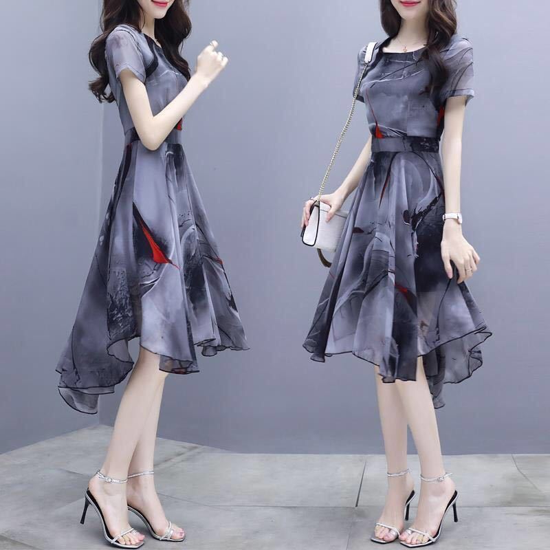 Summer new dress short sleeve Korean slim print fashion elegant swallow tail skirt Fairy Dress