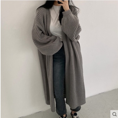 Autumn and winter 2021 new Korean version lazy pit strip long Lantern Sleeve warm sweater cardigan jacket knitted women