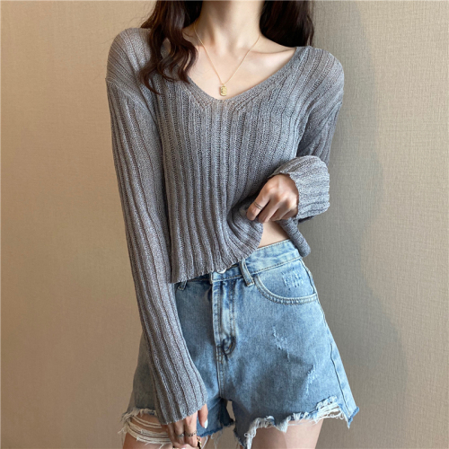 Real price 2020 new V-neck thin hollow out Pullover T-shirt sunscreen long sleeve top