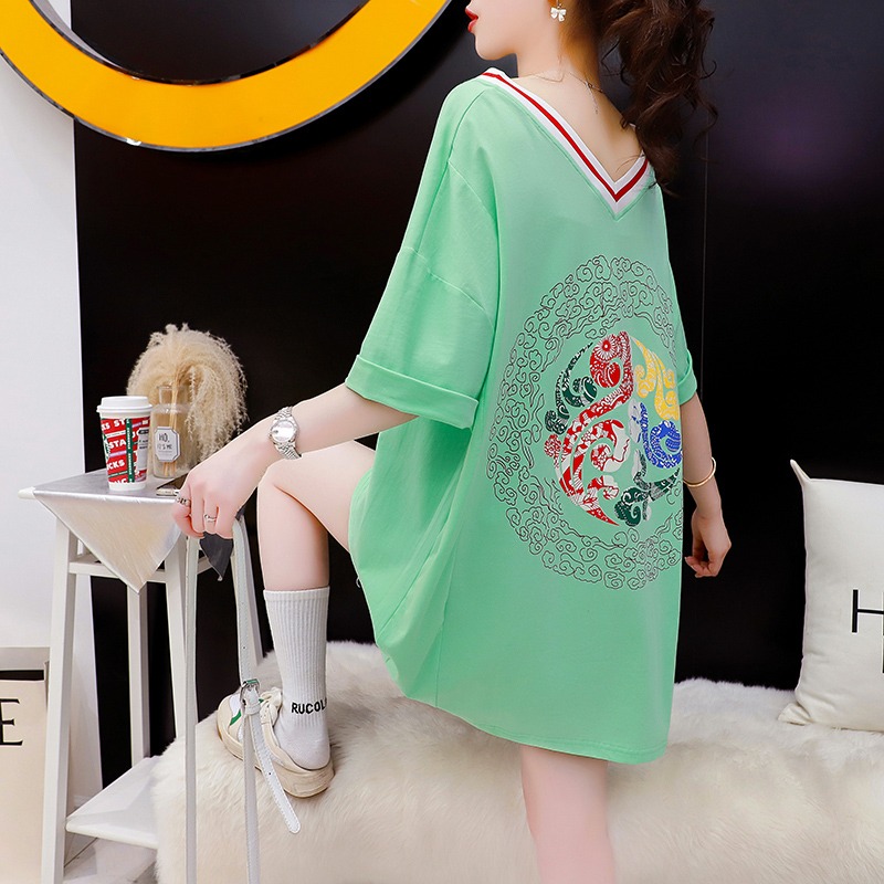 Official picture 95% polyester fiber front and rear V-neck 2023 summer design trendy printed round neck T-shirt for women