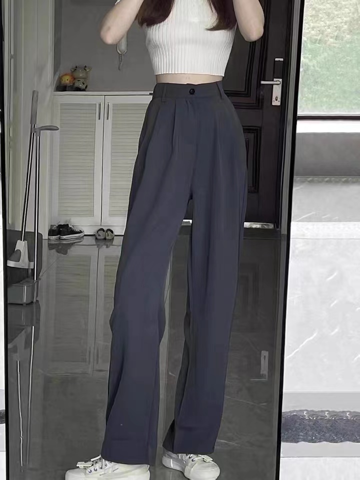 Wide leg pants women's summer thin style spring and autumn high waist hanging feeling gray shows thin straight tube leisure small man suit pants high sense