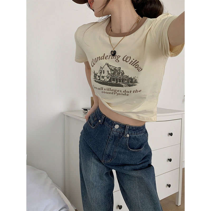 Official drawing pull frame cotton American retro minority printed short sleeve T-shirt women's contrast color round neck bottoming shirt