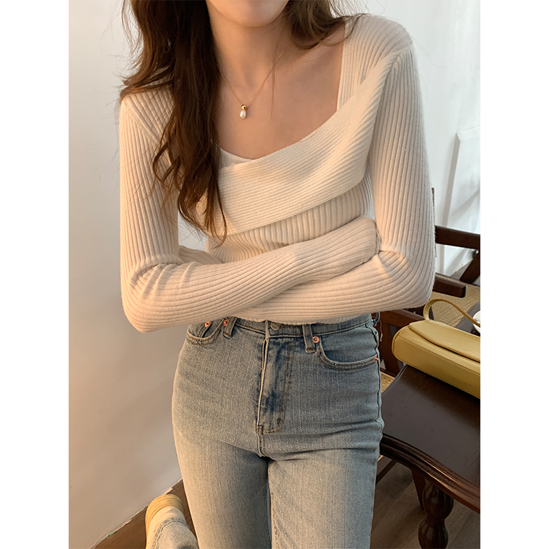 Real shooting square collar cross knit sweater women's early spring inner wear careful machine exposed collarbone slim elastic top
