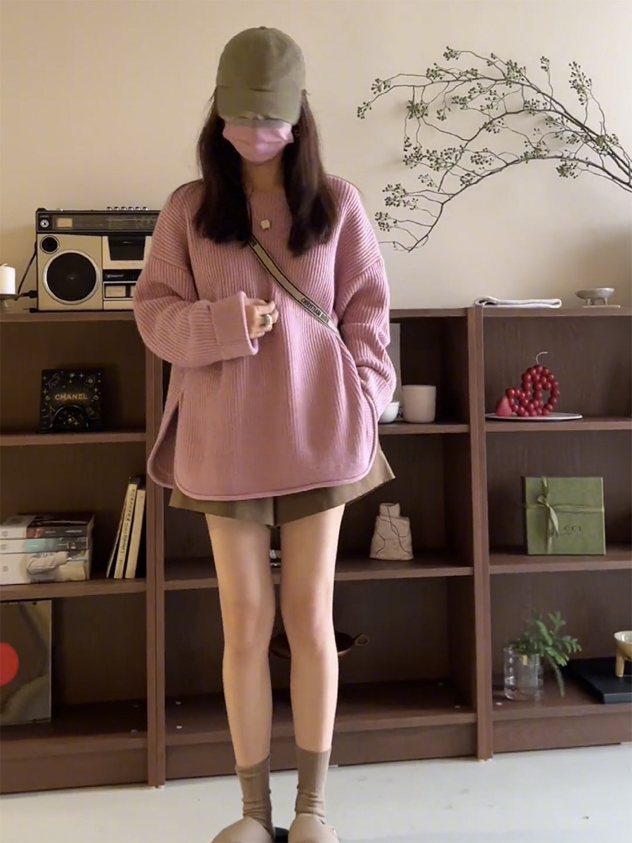 Korean style lazy slit design feeling hole strip sweater women's autumn and winter new large version round neck sweater trendy mid-length