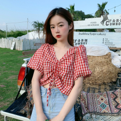 Real shot ~ 100% polyester ~ Plaid Shirt women's V-neck drawstring short small design sense retro top trend