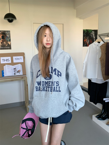 Fish scales + velvet thickening new retro American hooded fashion gray long-sleeved sweater top female student